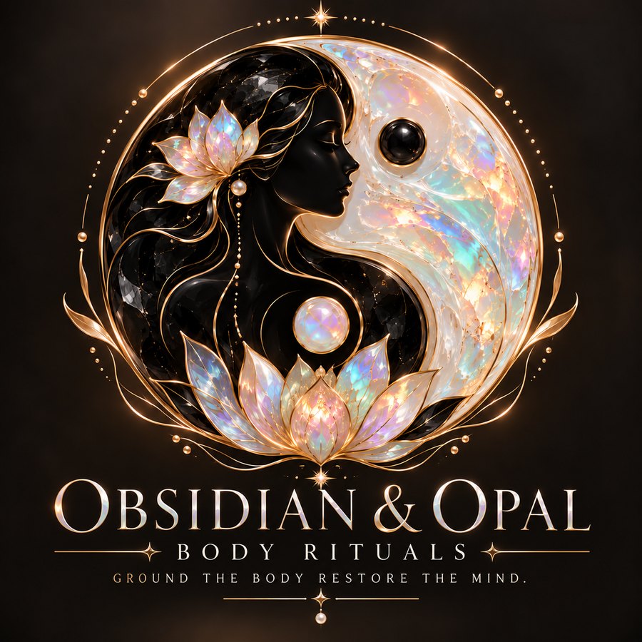 Obsidian & Opal Body Rituals logo: a woman's silhouette in obsidian and opal with a lotus, and the words Ground the body, restore the mind